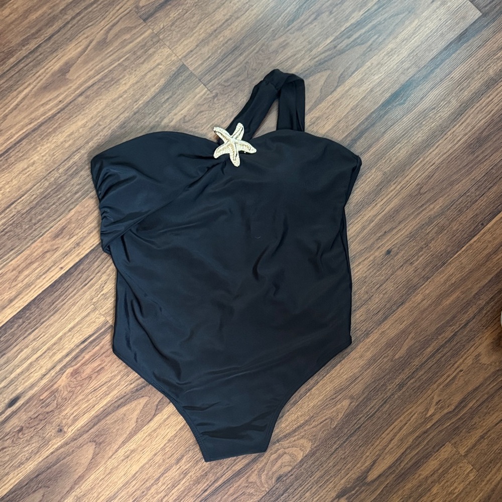 Womens Black One-Shoulder Swimsuit with Starfish Accent and bottom coverup